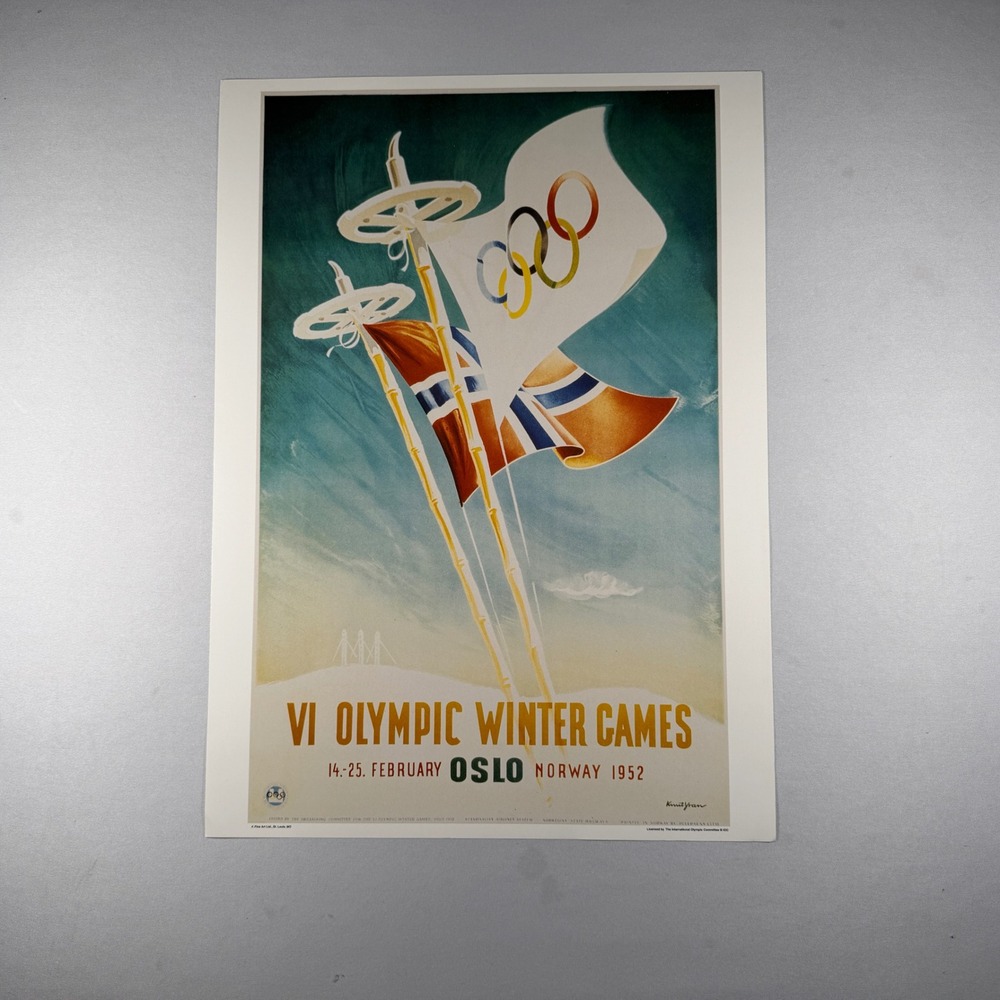 1952 Oslo Winter Olympics Poster IOC Repro Knut Yran Norway 13x18 Scandi MCM